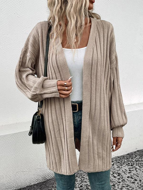R&B | Cardigan - Damen Herbst Weitgerippter Offener Front Mittellanger Cardigan