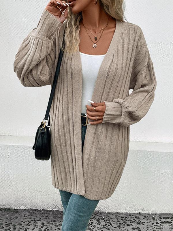 R&B | Cardigan - Damen Herbst Weitgerippter Offener Front Mittellanger Cardigan