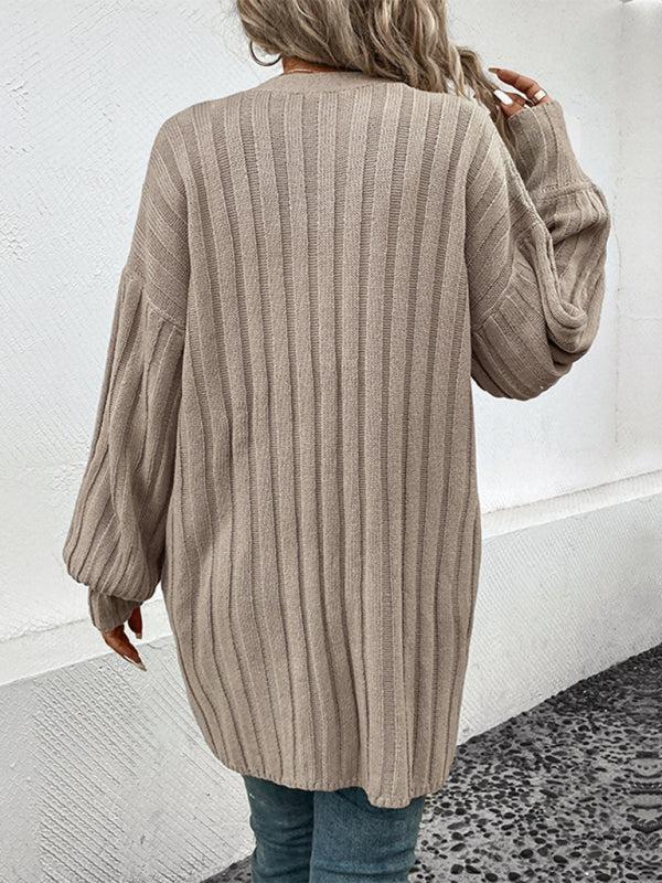 R&B | Cardigan - Damen Herbst Weitgerippter Offener Front Mittellanger Cardigan