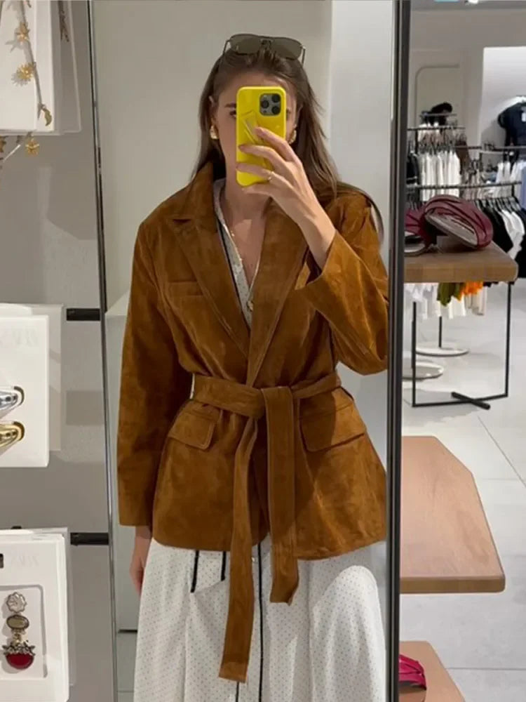 R&B | Mantel - Chic Wildlederjacke mit Gürtel Und Langen Ärmeln für Den Herbst