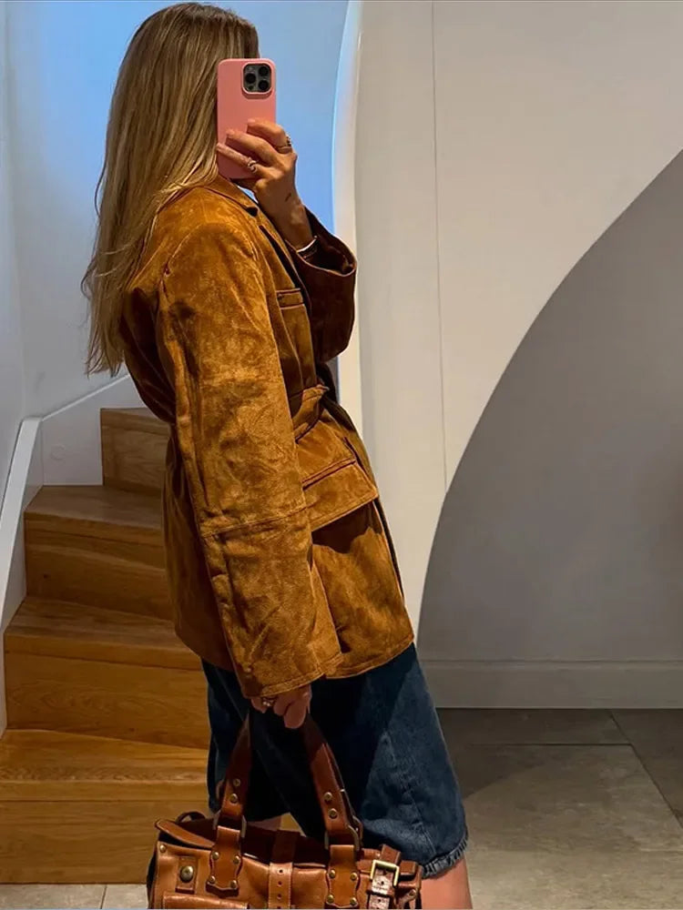 R&B | Mantel - Chic Wildlederjacke mit Gürtel Und Langen Ärmeln für Den Herbst