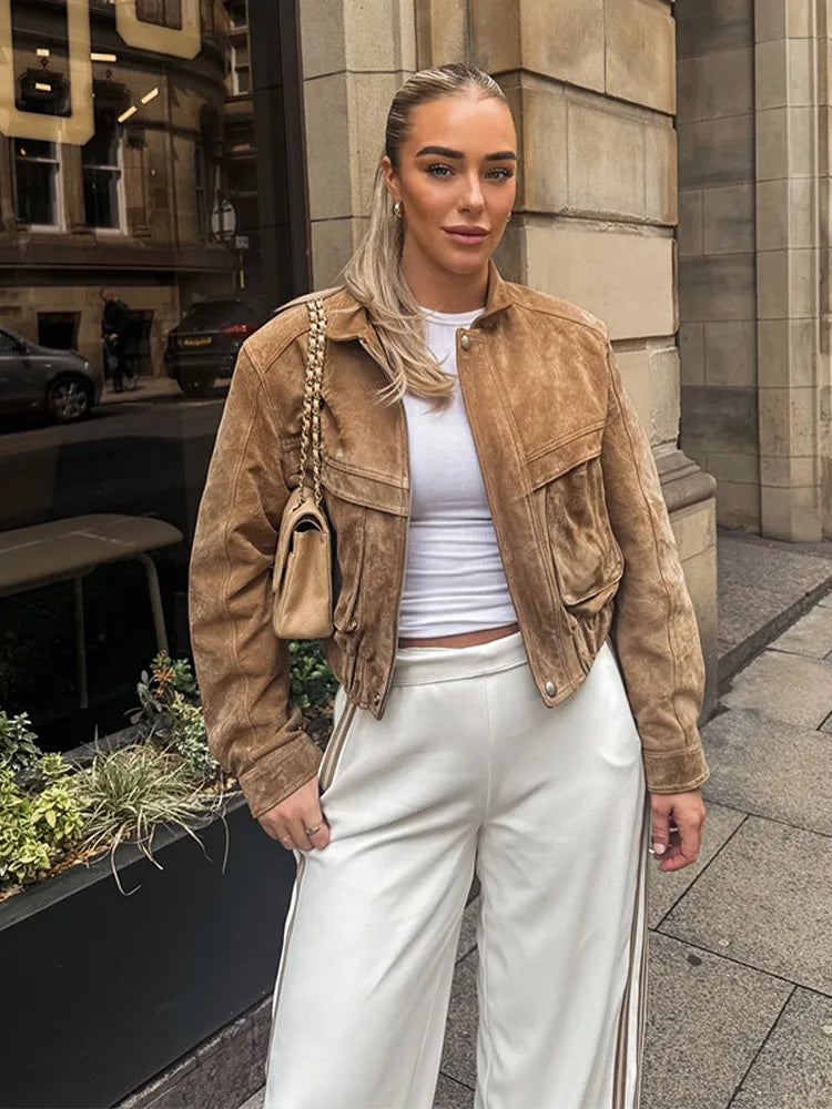 R&B | Jacke - Vintage Wildleder Kurz mit Lässiger Passform Und Reißverschluss-Taschen
