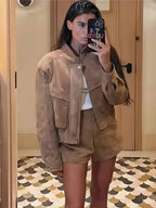 R&B | Jacke - Vintage Wildleder Kurz mit Lässiger Passform Und Reißverschluss-Taschen