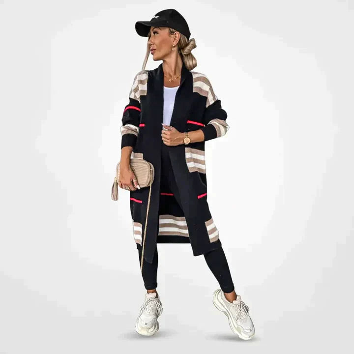 R&B | eleganter langer Strickcardigan mit Streifen