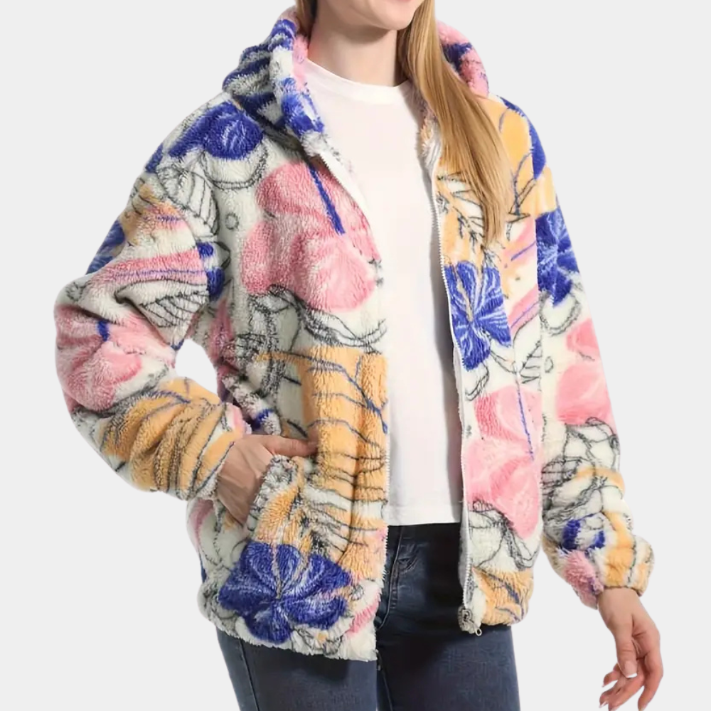 R&B | Warmer Damenmantel mit Kapuze und Blumenmuster