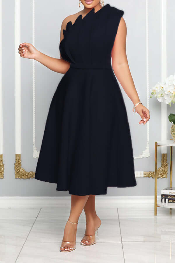 R&B | One Shoulder Midi Kleid Elegante A-Linie Passform Skulpturierte Details Festliche Kleidung