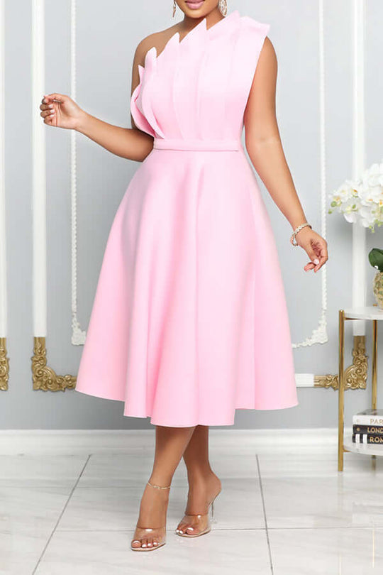 R&B | One Shoulder Midi Kleid Elegante A-Linie Passform Skulpturierte Details Festliche Kleidung