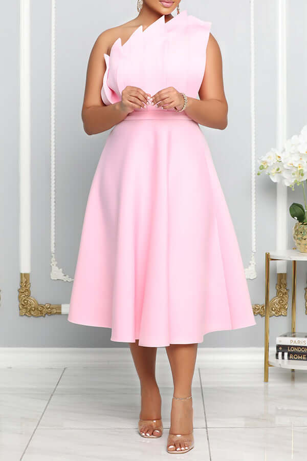 R&B | One Shoulder Midi Kleid Elegante A-Linie Passform Skulpturierte Details Festliche Kleidung