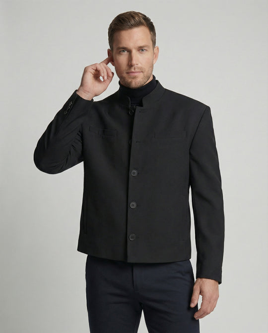 Herren Jacke New Chinese Style Stehkragen Schwarz Wolle Kurz