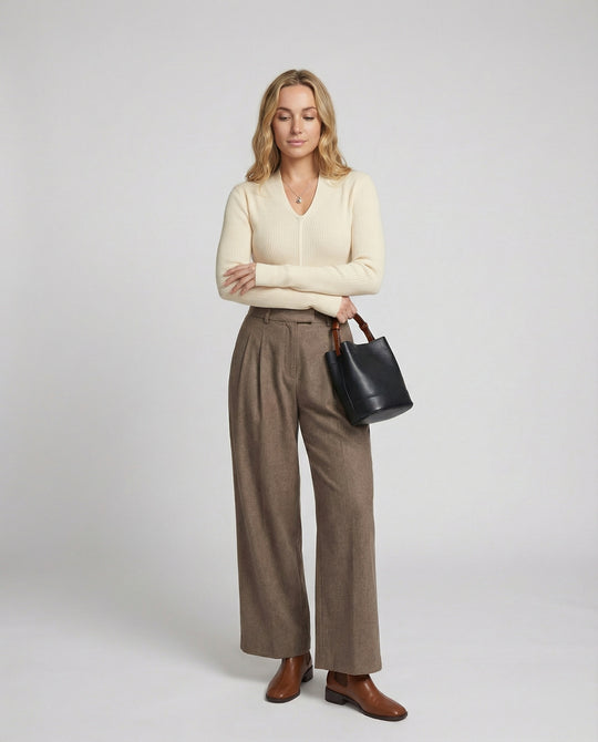 Damen V-Ausschnitt Strickpullover Slim Fit Langarm Shirt Wolle