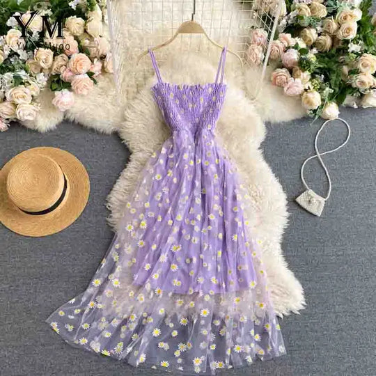 Damen Sommer Mesh Partykleid mit Gänseblümchen Blumenmuster und Spaghettiträgern