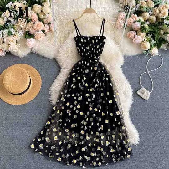 Damen Sommer Mesh Partykleid mit Gänseblümchen Blumenmuster und Spaghettiträgern