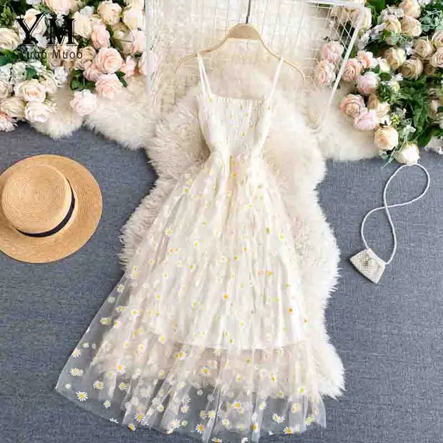Damen Sommer Mesh Partykleid mit Gänseblümchen Blumenmuster und Spaghettiträgern