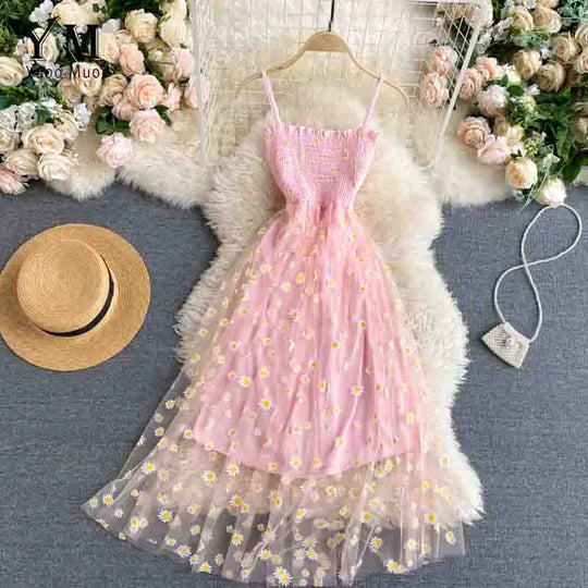 Damen Sommer Mesh Partykleid mit Gänseblümchen Blumenmuster und Spaghettiträgern