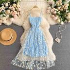 Damen Sommer Mesh Partykleid mit Gänseblümchen Blumenmuster und Spaghettiträgern