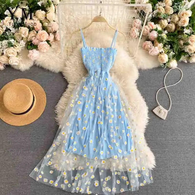 Damen Sommer Mesh Partykleid mit Gänseblümchen Blumenmuster und Spaghettiträgern