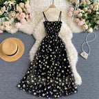 Damen Sommer Mesh Partykleid mit Gänseblümchen Blumenmuster und Spaghettiträgern