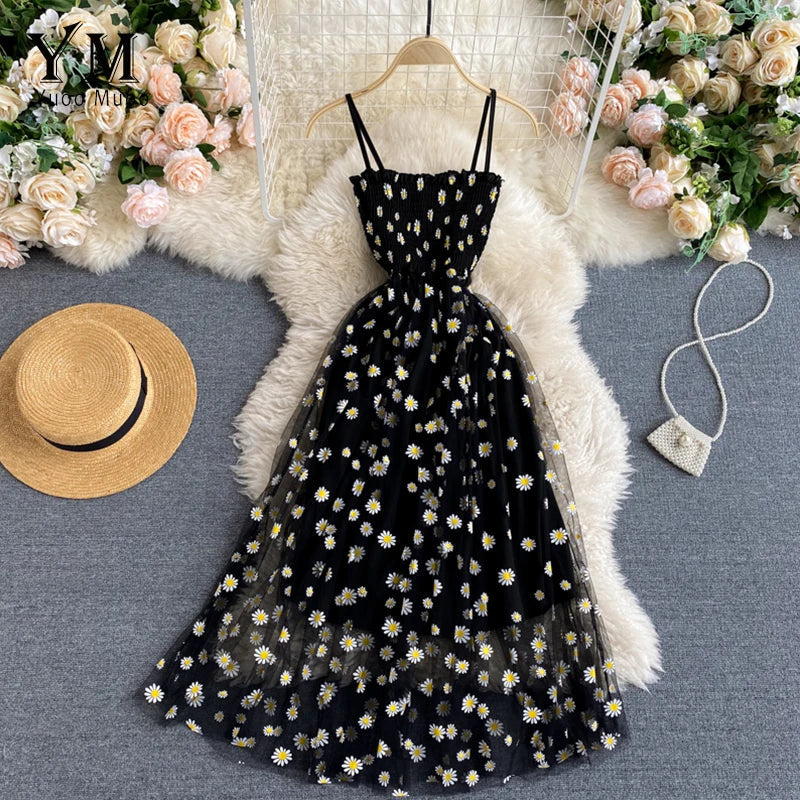 Damen Sommer Mesh Partykleid mit Gänseblümchen Blumenmuster und Spaghettiträgern