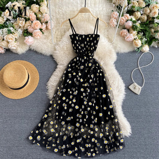 Damen Sommer Mesh Partykleid mit Gänseblümchen Blumenmuster und Spaghettiträgern