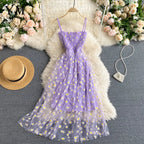Damen Sommer Mesh Partykleid mit Gänseblümchen Blumenmuster und Spaghettiträgern