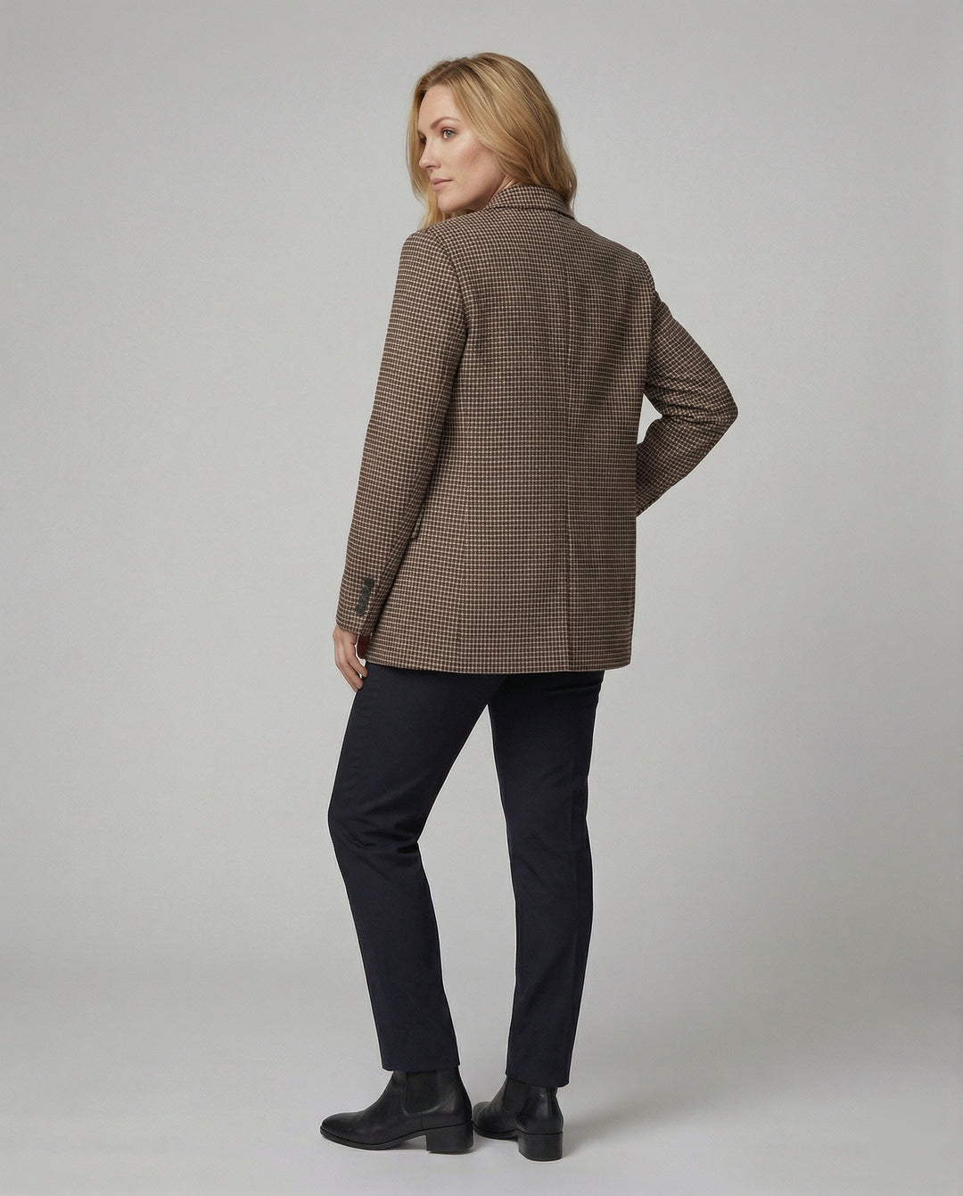 Damen Blazer Kariert Zweireihig Locker Geschnitten Braun