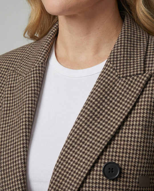 Damen Blazer Kariert Zweireihig Locker Geschnitten Braun