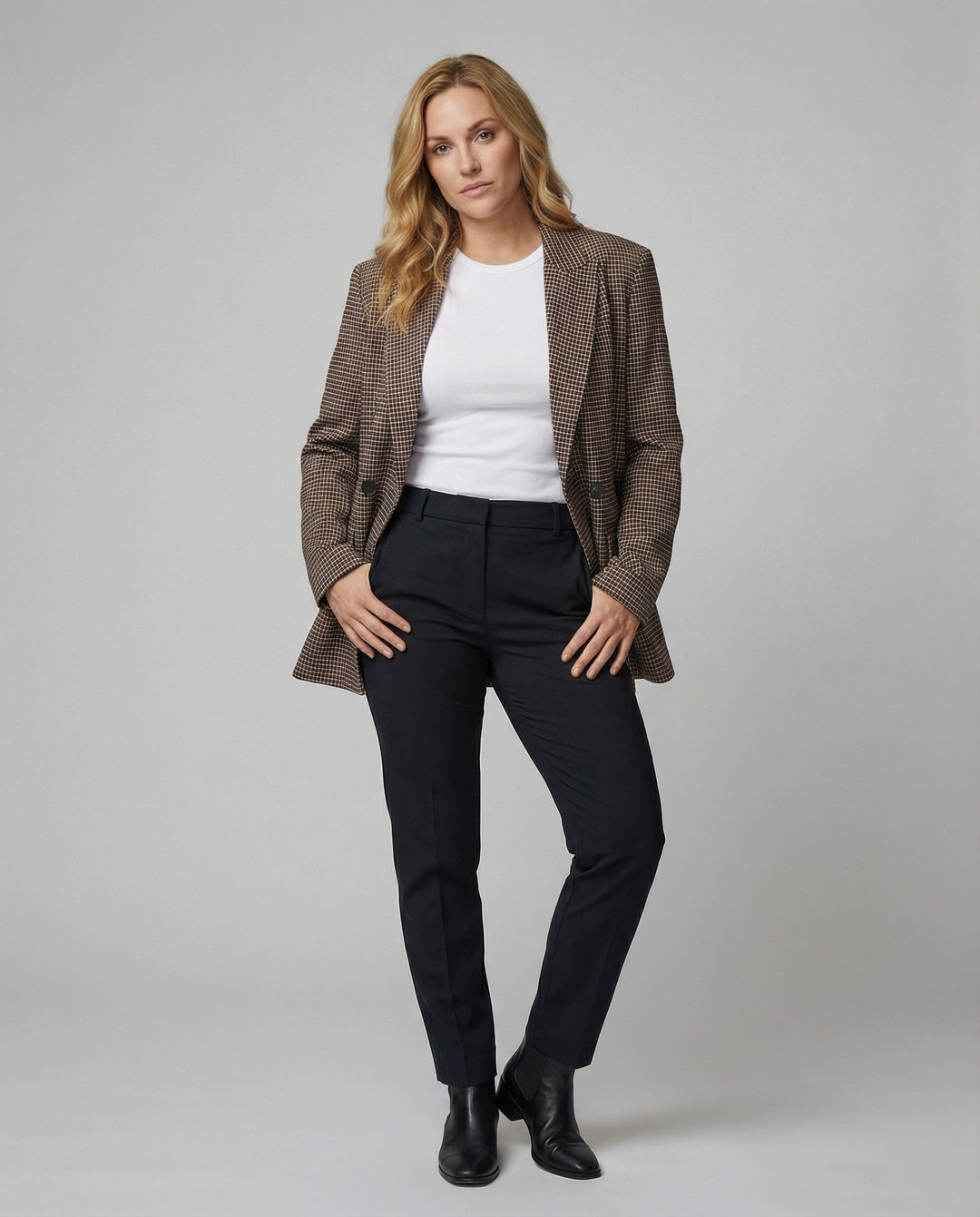 Damen Blazer Kariert Zweireihig Locker Geschnitten Braun