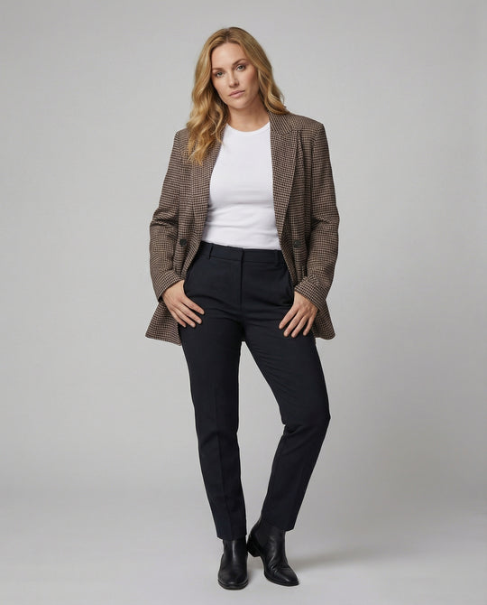 Damen Blazer Kariert Zweireihig Locker Geschnitten Braun