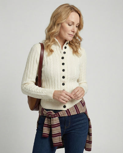 Damen Strickjacke mit Stehkragen und Zopfmuster in Weiß