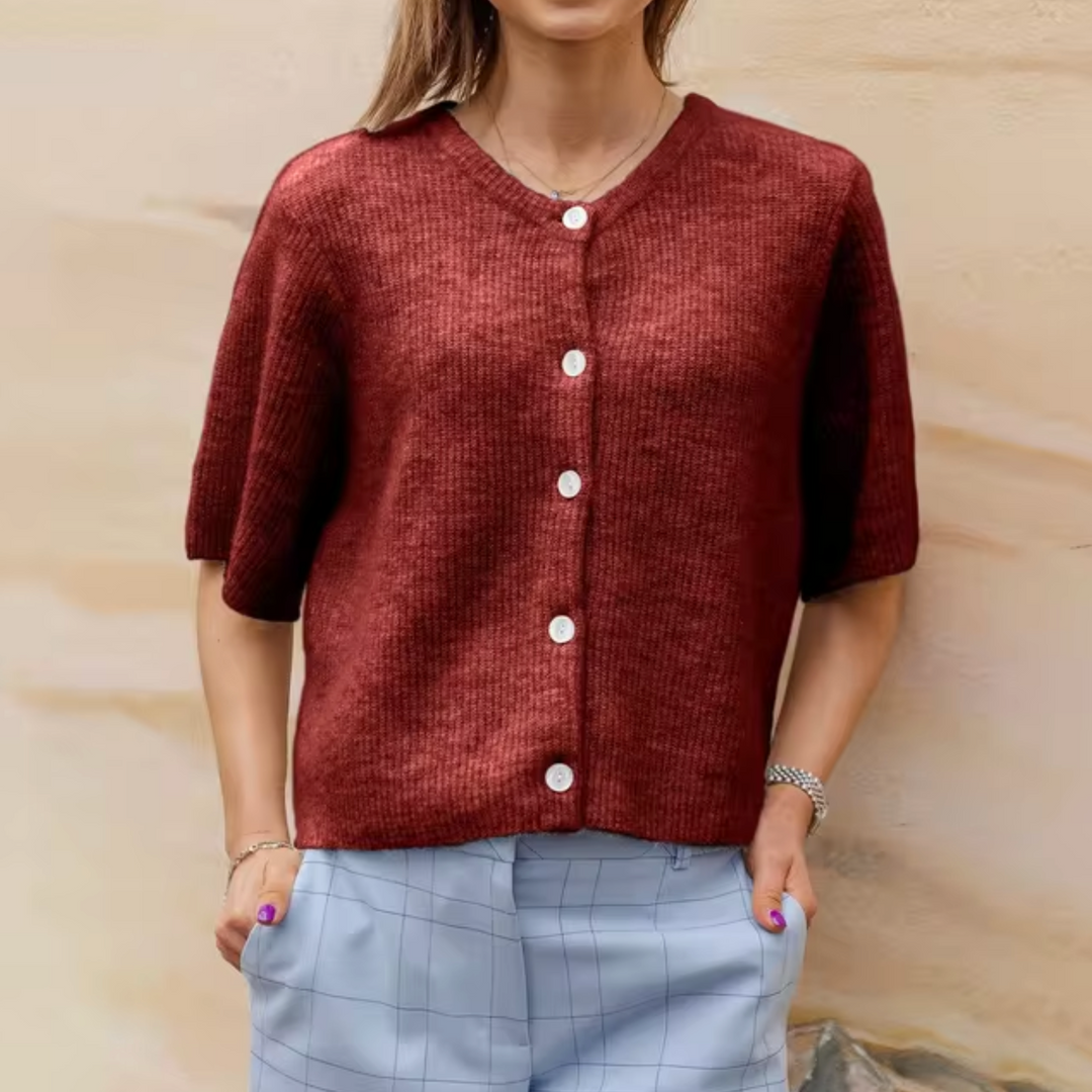 R&B | Damen Weich Gestrickte Jacke mit Kurzen Ärmeln und Knöpfen