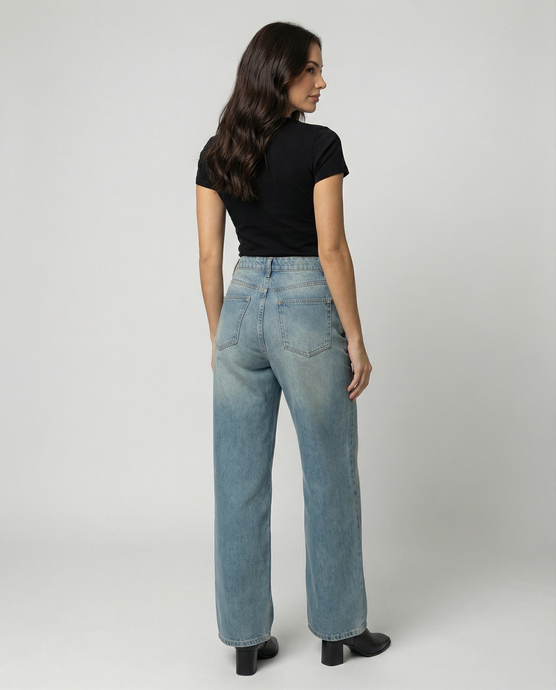 Damen Jeans Weites Bein Handgefertigte Katzenschnurrbart-Optik Blau