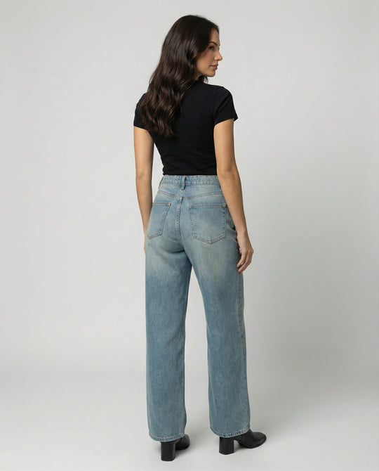 Damen Jeans Weites Bein Handgefertigte Katzenschnurrbart-Optik Blau