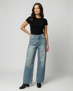 Damen Jeans Weites Bein Handgefertigte Katzenschnurrbart-Optik Blau