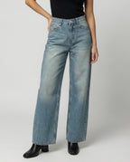 Damen Jeans Weites Bein Handgefertigte Katzenschnurrbart-Optik Blau