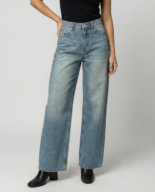 Damen Jeans Weites Bein Handgefertigte Katzenschnurrbart-Optik Blau