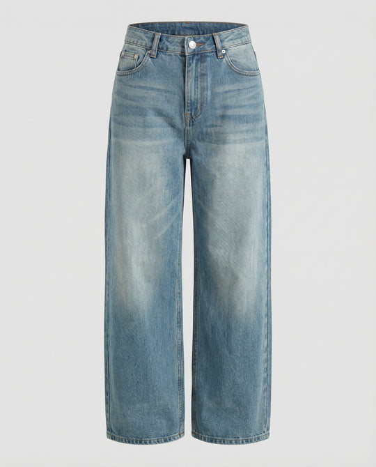 Damen Jeans Weites Bein Handgefertigte Katzenschnurrbart-Optik Blau