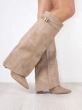R&B | Wildleder Klappkniehohe Stiefel Schnallen Detail Blockabsatzstiefel