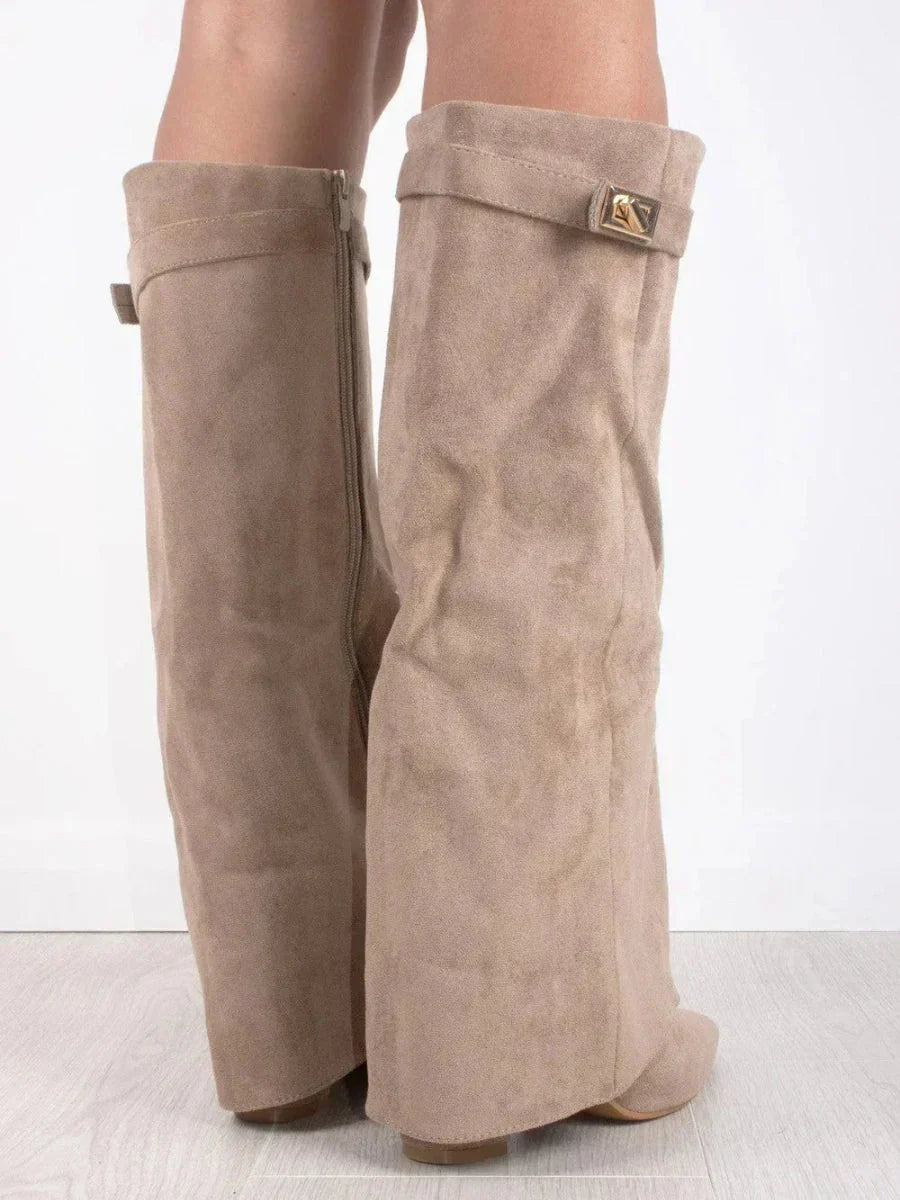 R&B | Wildleder Klappkniehohe Stiefel Schnallen Detail Blockabsatzstiefel