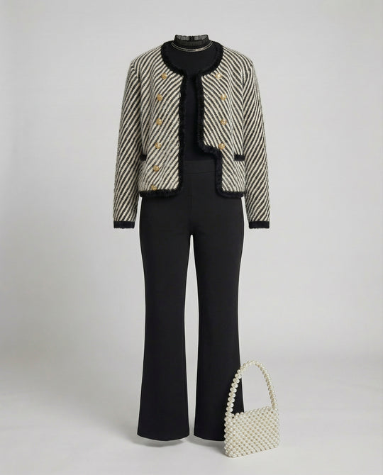 Zweiteiliges Bouclé-Set mit kurzer Strickjacke und Feinstrick-Midirock R&B
