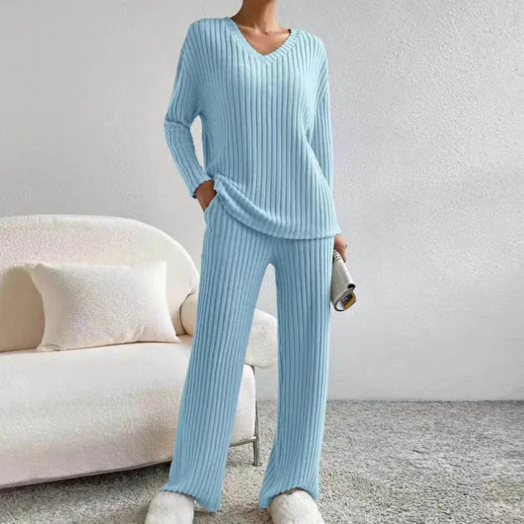 R&B | Loungewear-Set Aus Baumwollmischung mit V-Ausschnitt und Weitbeinhosen