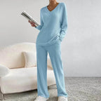 R&B | Loungewear-Set Aus Baumwollmischung mit V-Ausschnitt und Weitbeinhosen