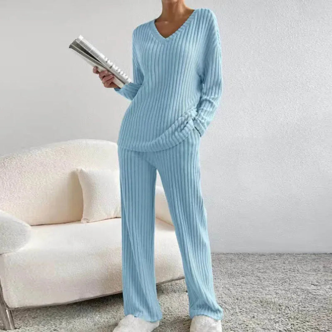 R&B | Loungewear-Set Aus Baumwollmischung mit V-Ausschnitt und Weitbeinhosen