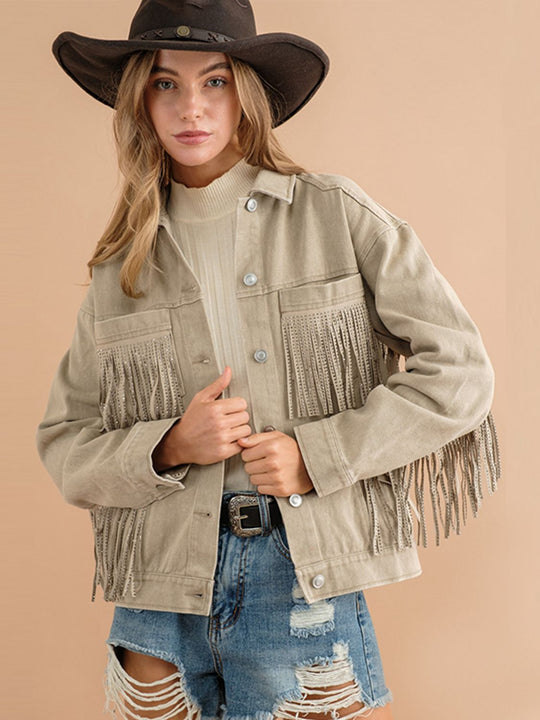 R&B | Fransen-Detail Gefallene Schulter Denimjacke