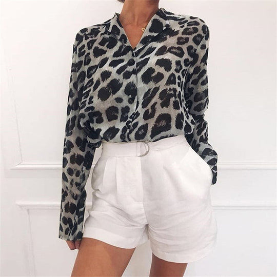 R&B | Stylische Bluse mit Leopardenmuster, langen Ärmeln und umschlagbarem Kragen