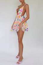 R&B | V-Ausschnitt Offene Rücken Pailletten Blumen Binde A-Linie Mini Kleid