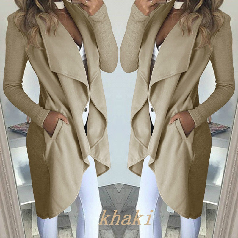 R&B | Einfarbiger Revers Slim Lange Windbreaker Jacke