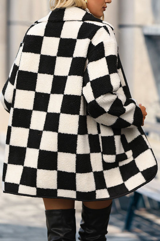 R&B | Karierter Knopfkragen Faux Fur Oberbekleidung