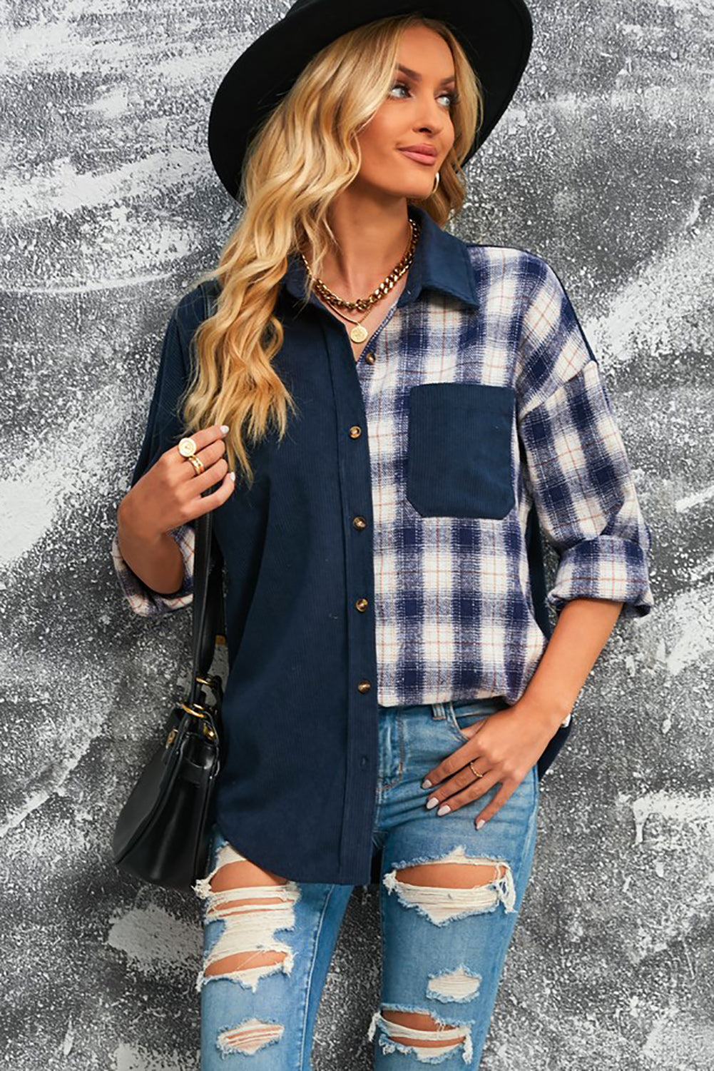 R&B | Karierte Farbblock Gefallen Schulter Corduroy Shacket