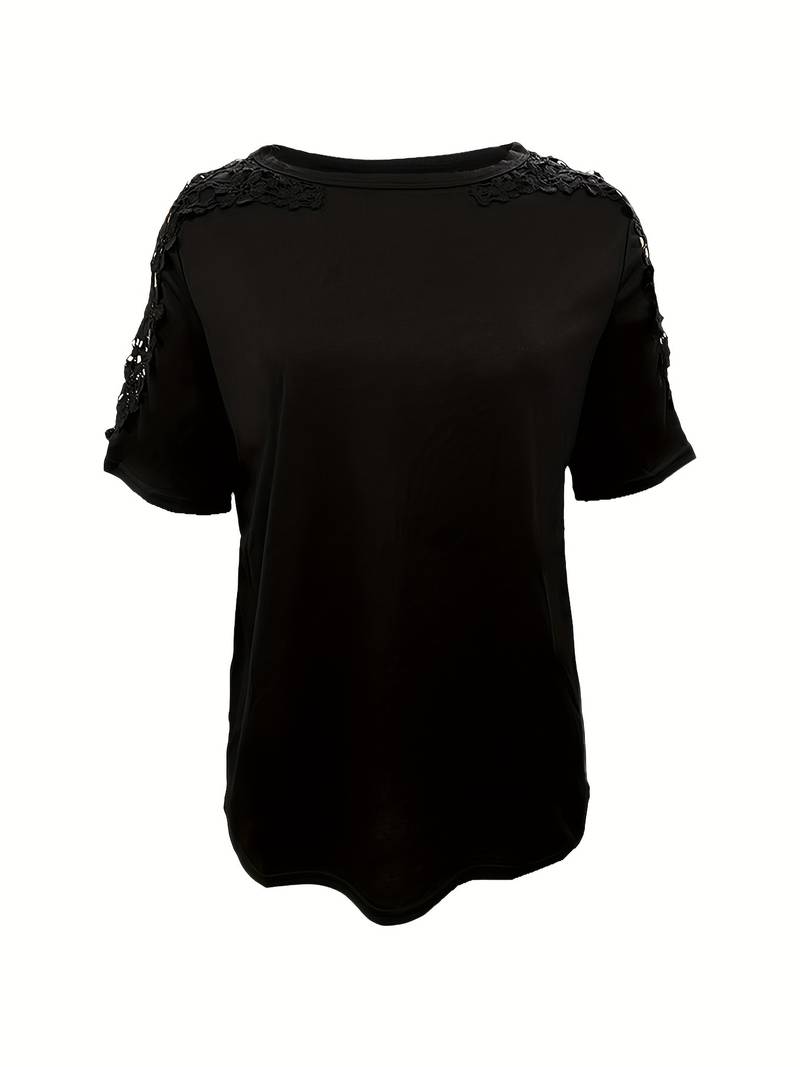 R&B | Unifarbiges T-Shirt mit Rundhalsausschnitt und Spitzennaht
