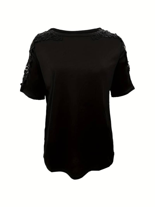 R&B | Unifarbiges T-Shirt mit Rundhalsausschnitt und Spitzennaht